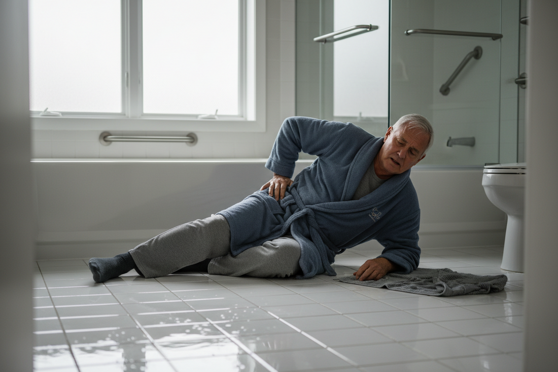 AI Generated - Older male adult has fallen in a bathroom and did not have grab bars of accessibility equipment